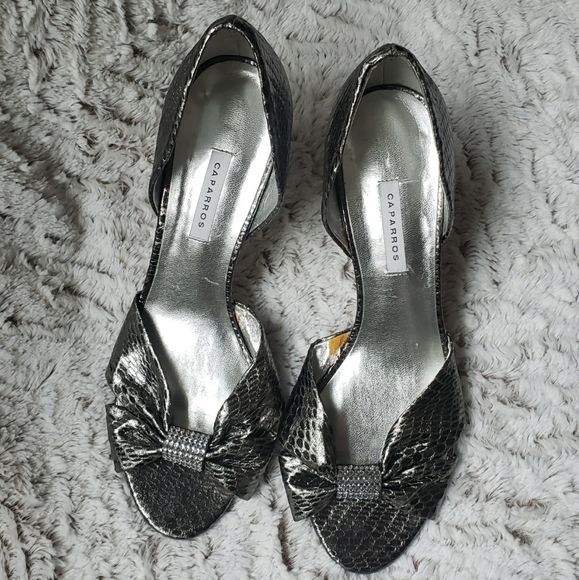 Caparros gunmetal snake skin open toe d'orsay heels with rhinestones, size 8.5 - Picture 2 of 5